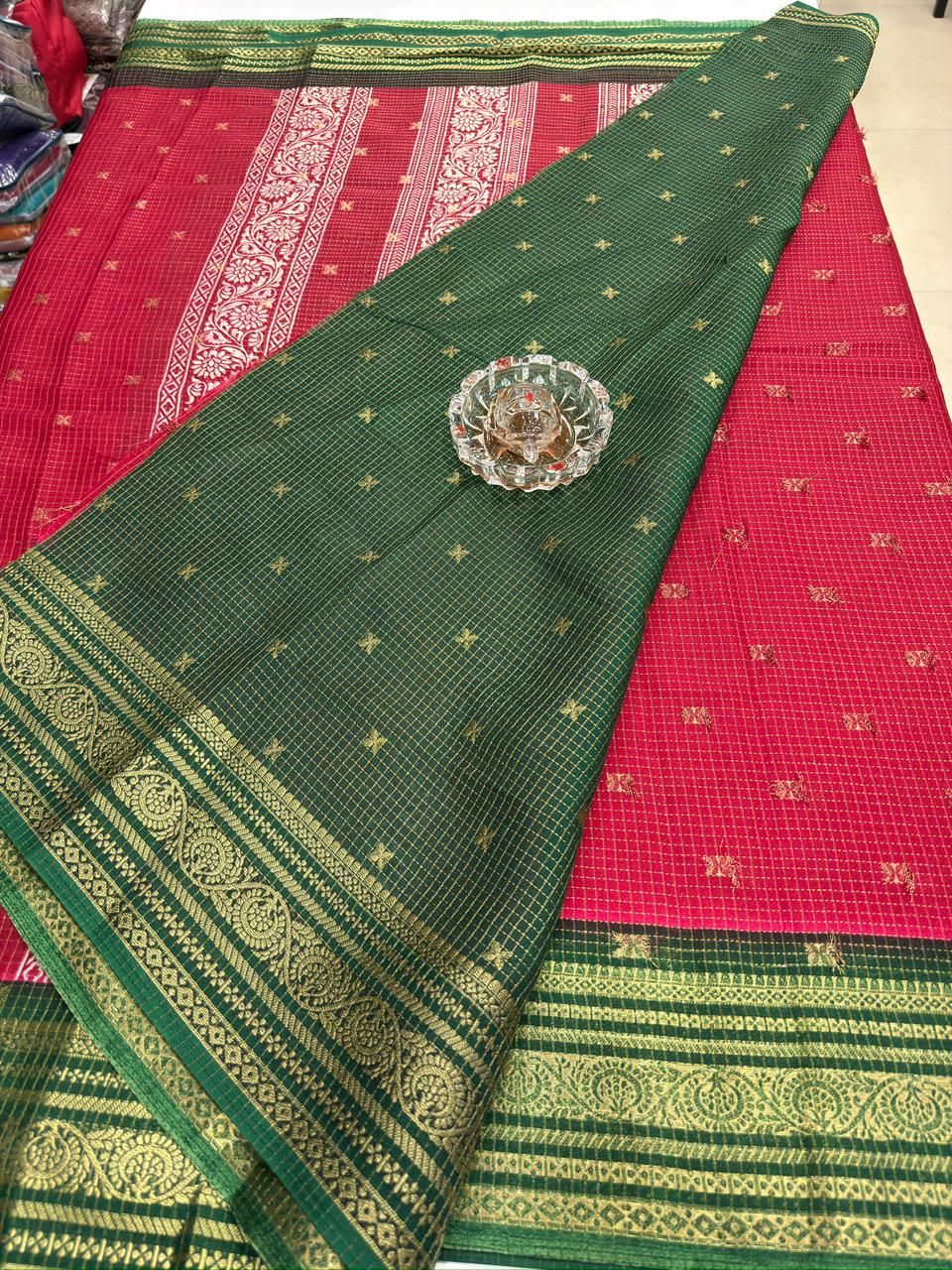 Munga pattu silk blend saree with small buti checks and zari border, women’s festive wear saree