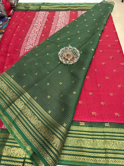 Munga pattu silk blend saree with small buti checks and zari border, women’s festive wear saree