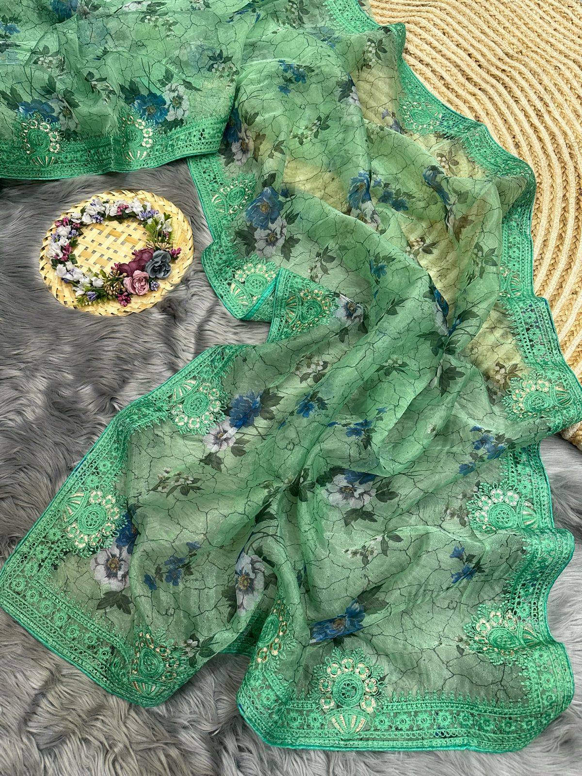 Organza Silk Saree with Digital Print and Viscos Thread Work – Banglori Silk Blouse Included