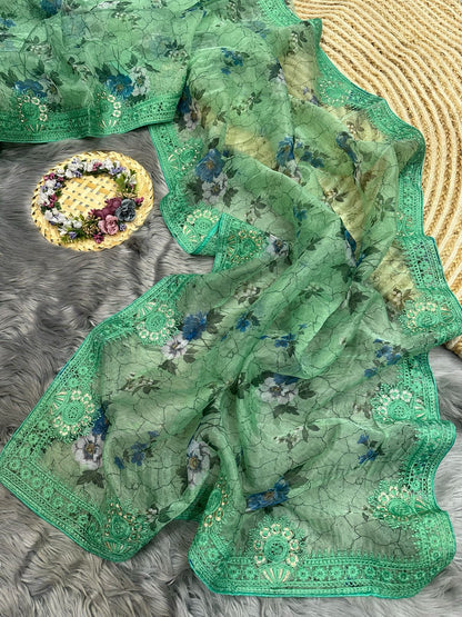 Organza Silk Saree with Digital Print and Viscos Thread Work – Banglori Silk Blouse Included