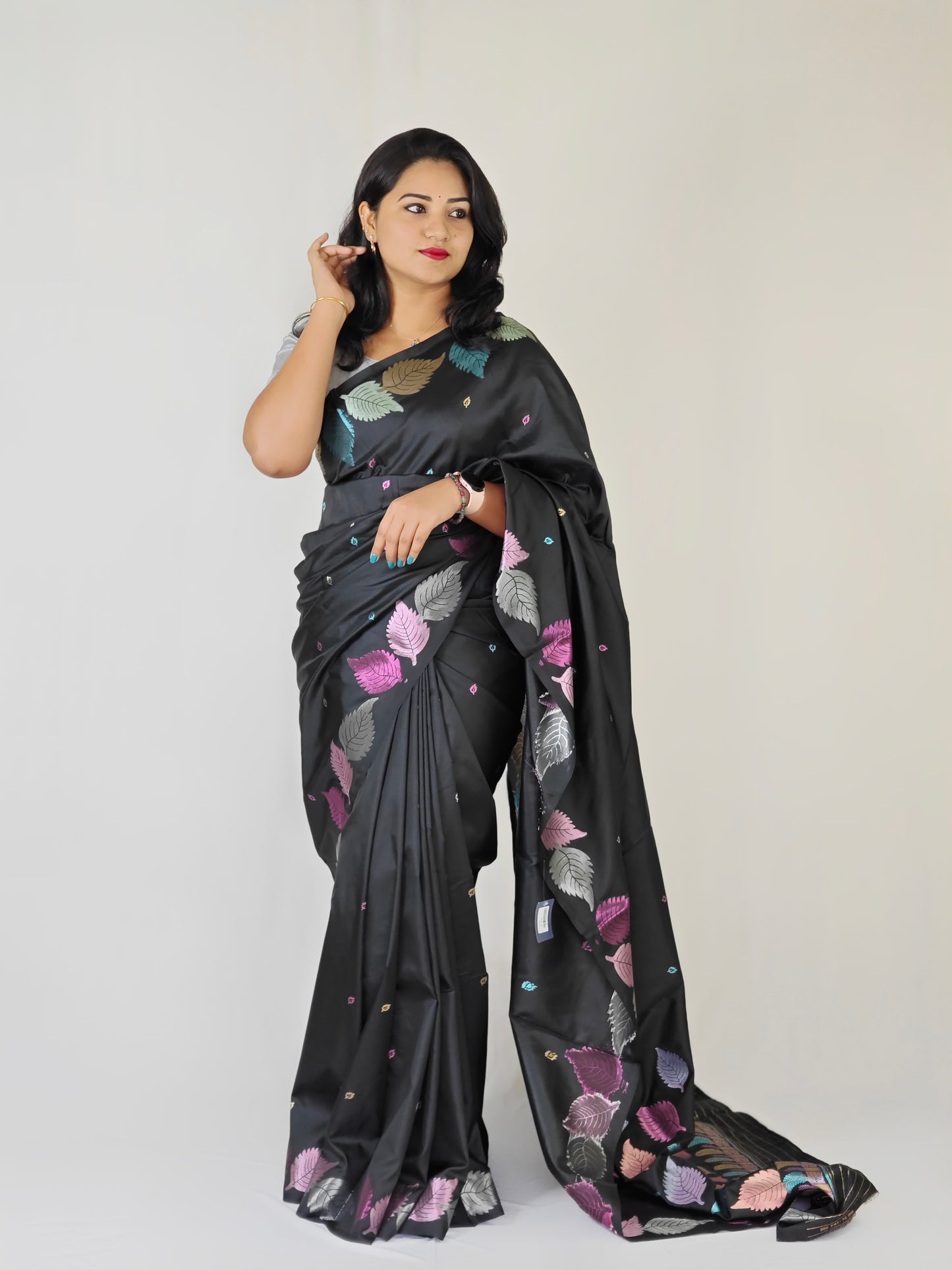Pure Soft Silk Saree with Colorful Weaving and Leaf Panel Design