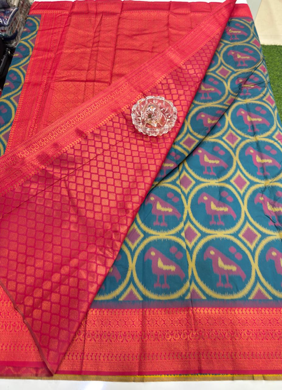 Soft Silk Ikkat Pochampally Saree with Traditional Woven Border and Blouse Piece for Women