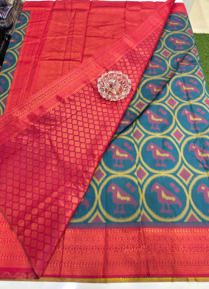 Soft Silk Ikkat Pochampally Saree with Traditional Woven Border and Blouse Piece for Women