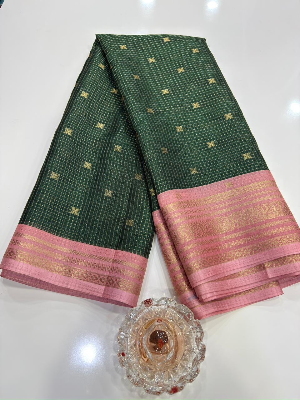 Munga pattu silk blend saree with small buti checks and zari border, women’s festive wear saree