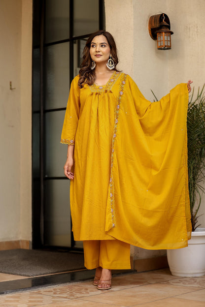 Women’s Mustard Salli Cotton Kurta Set with Embroidery and Dupatta – Sizes 38 to 46
