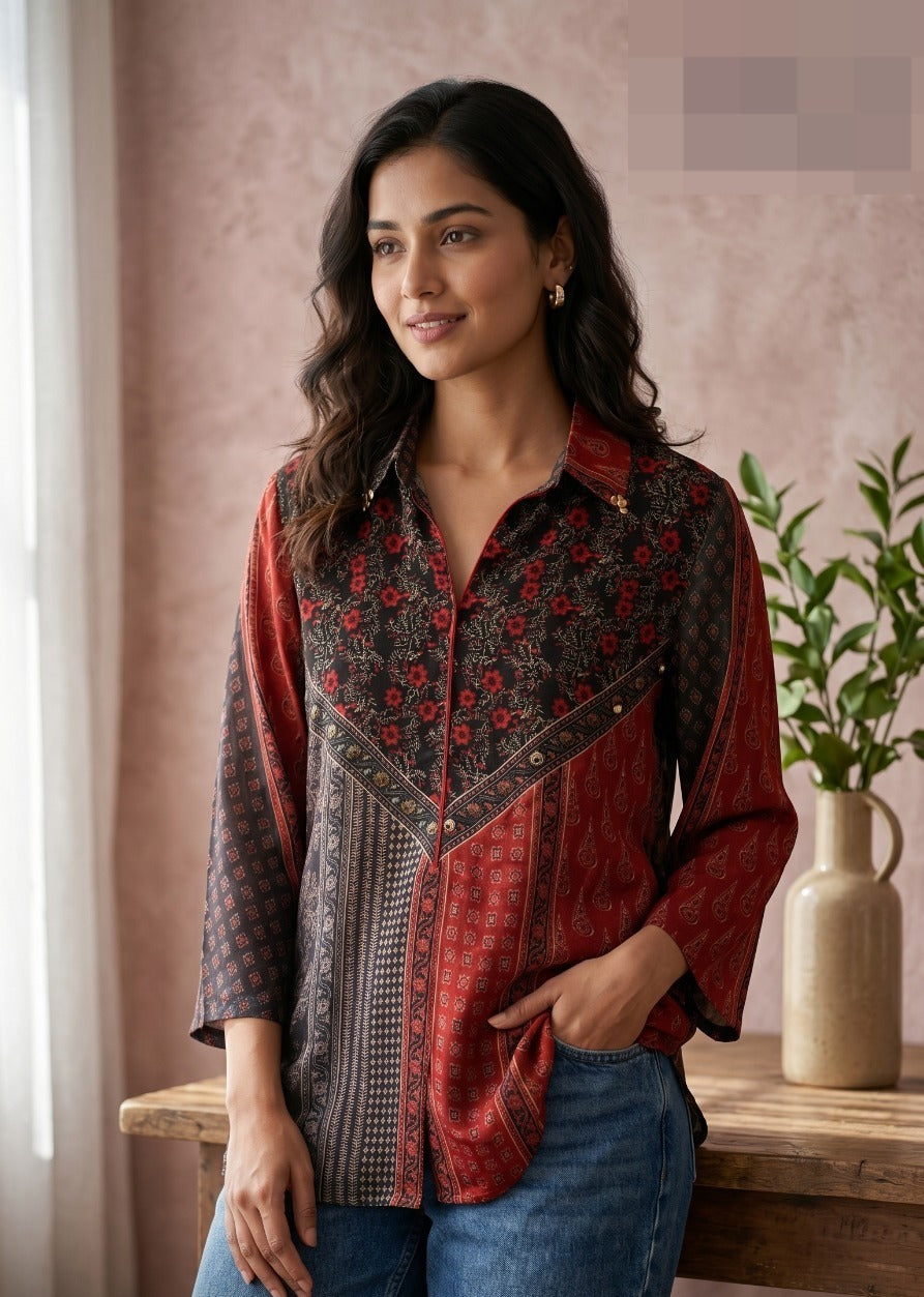 Printed Crepe Shirt for Women with Ethnic Pattern, Shirt Collar and Full Sleeves