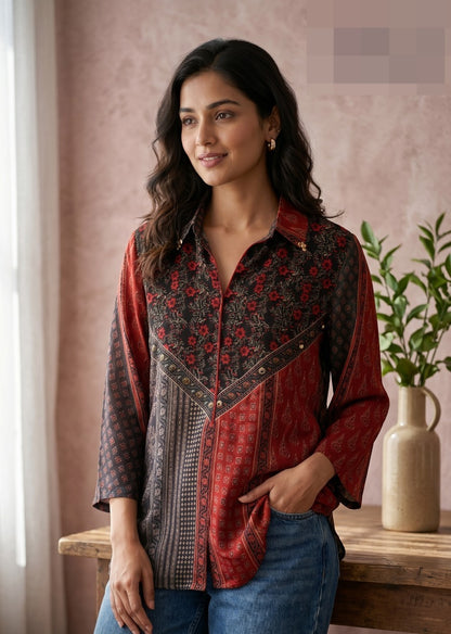 Printed Crepe Shirt for Women with Ethnic Pattern, Shirt Collar and Full Sleeves