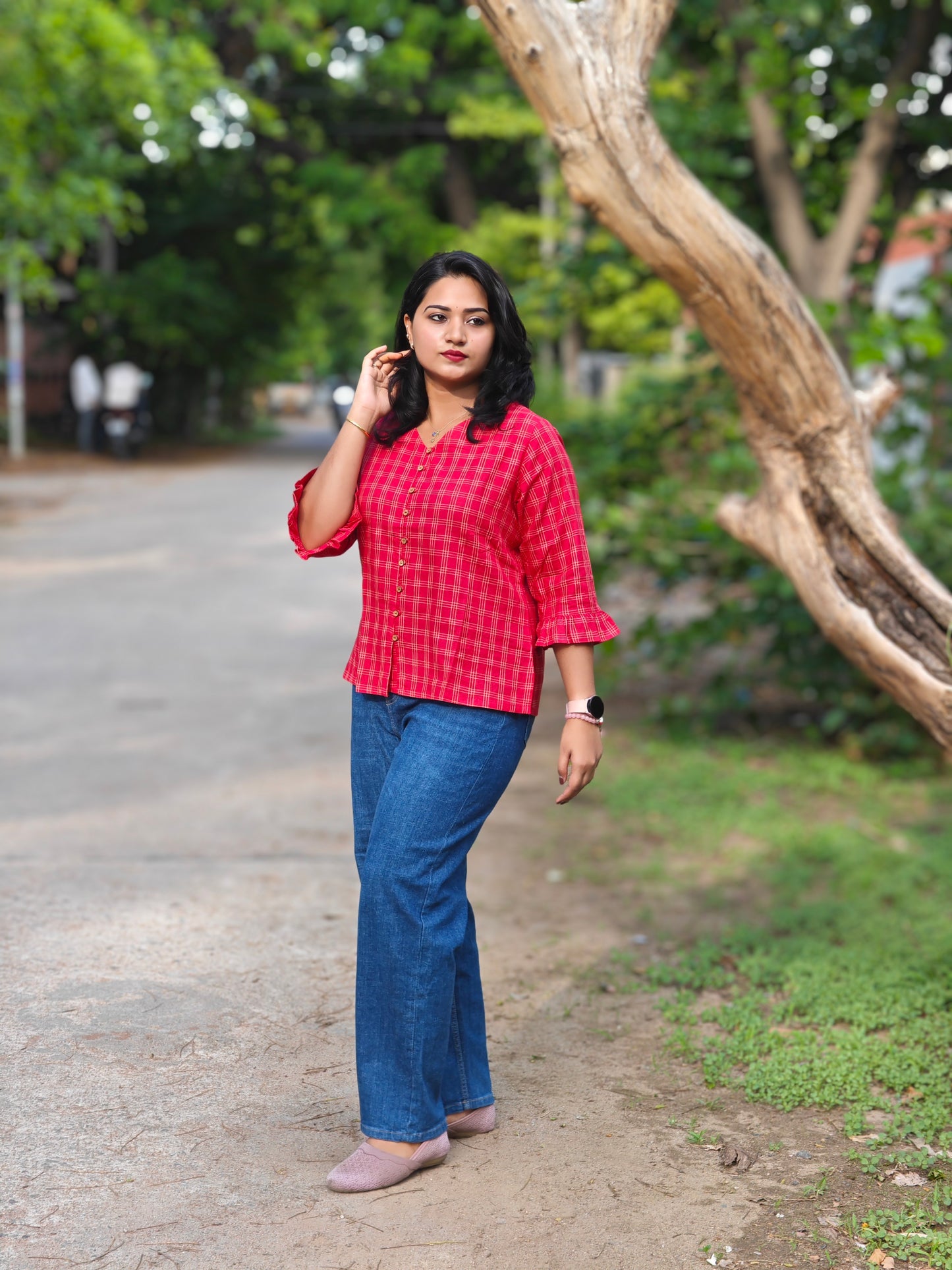 Red Cotton Checkered Regular Fit Top for Women – Sizes S to 3XL