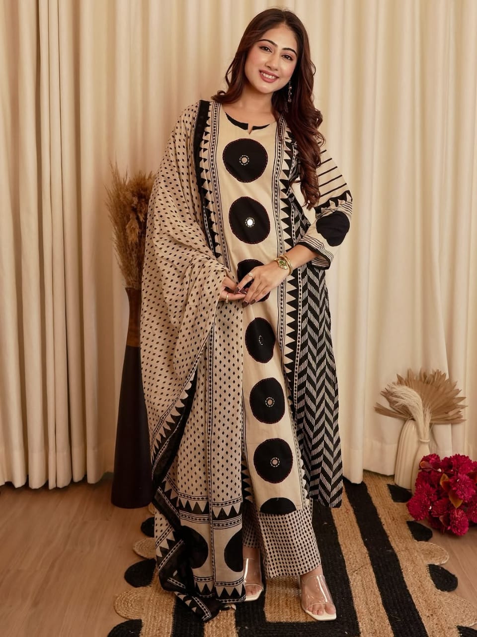 Beige and Black Cotton Printed Kurta Pant Dupatta Set for Women – Geometric Pattern Daily and Festive Wear