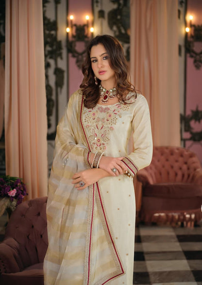 Tissue Shimmer Kurta Palazzo Dupatta Set for Women with Detailing Work, Festive Wear Ethnic Set