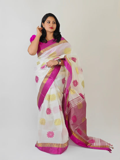 Matka Tussar Silk Saree with Golden Zari Weaving and Velvet Border
