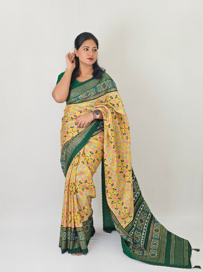Soft Dola Silk Patola Print Saree with Foil Detailing, Tassel Pallu and Contrast Blouse for Women