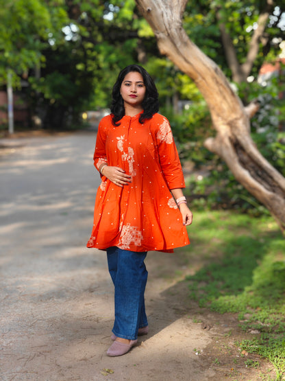 Orange Cotton Floral Printed Flared Tunic for Women – Sizes S to XL
