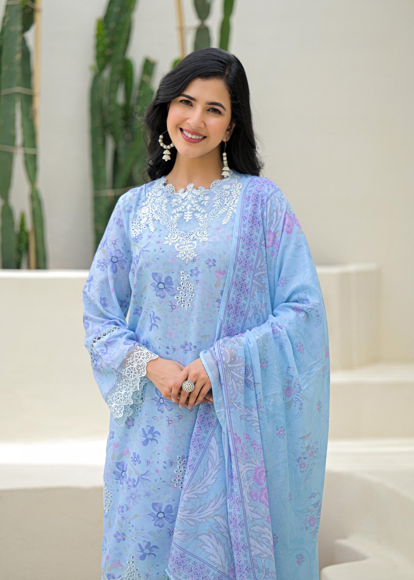Women’s Pastel Blue Cotton Suit Set with White Lace Embroidery and Dupatta – Sizes M to 3XL