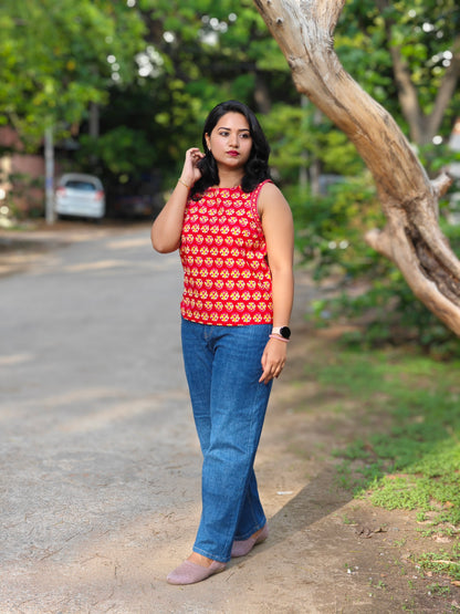 Red Cotton Floral Print Regular Top for Women – Sizes L and XL