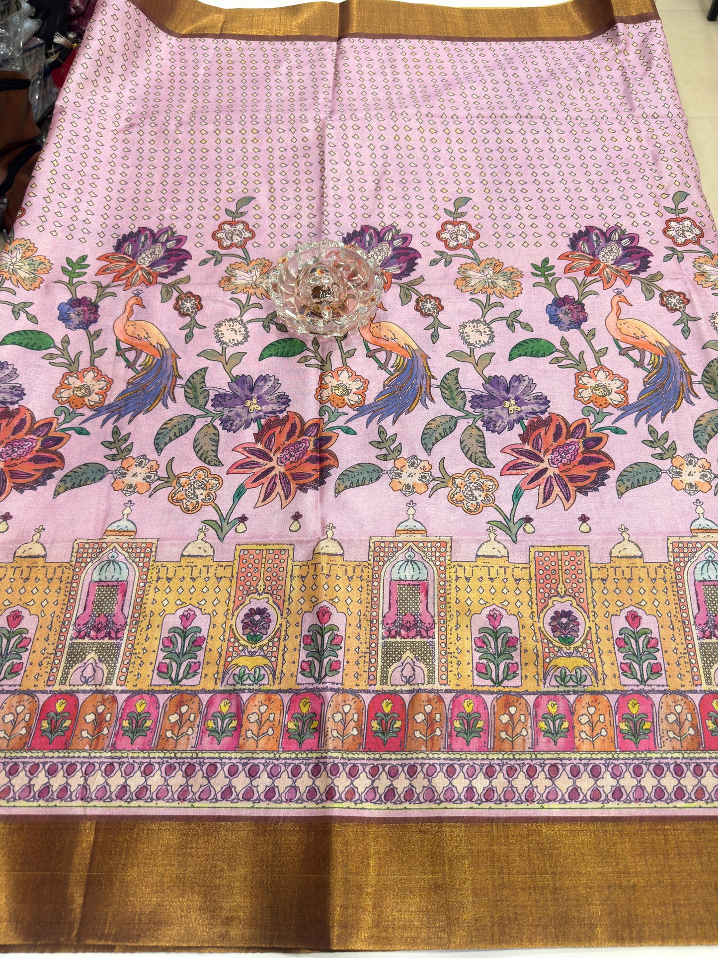 Soft Tussar Silk Printed Saree with Contrast Border, Tassels and Blouse for Women