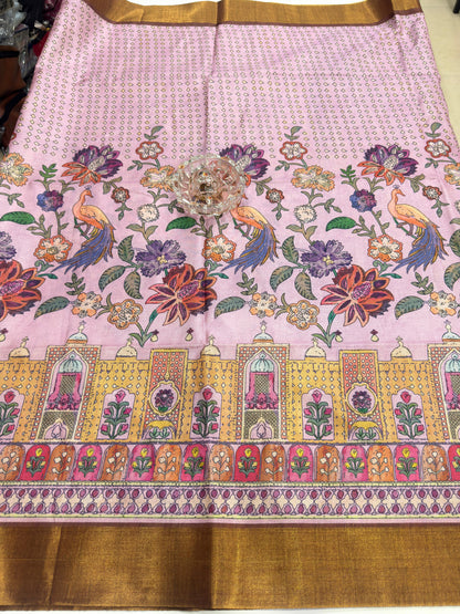 Soft Tussar Silk Printed Saree with Contrast Border, Tassels and Blouse for Women