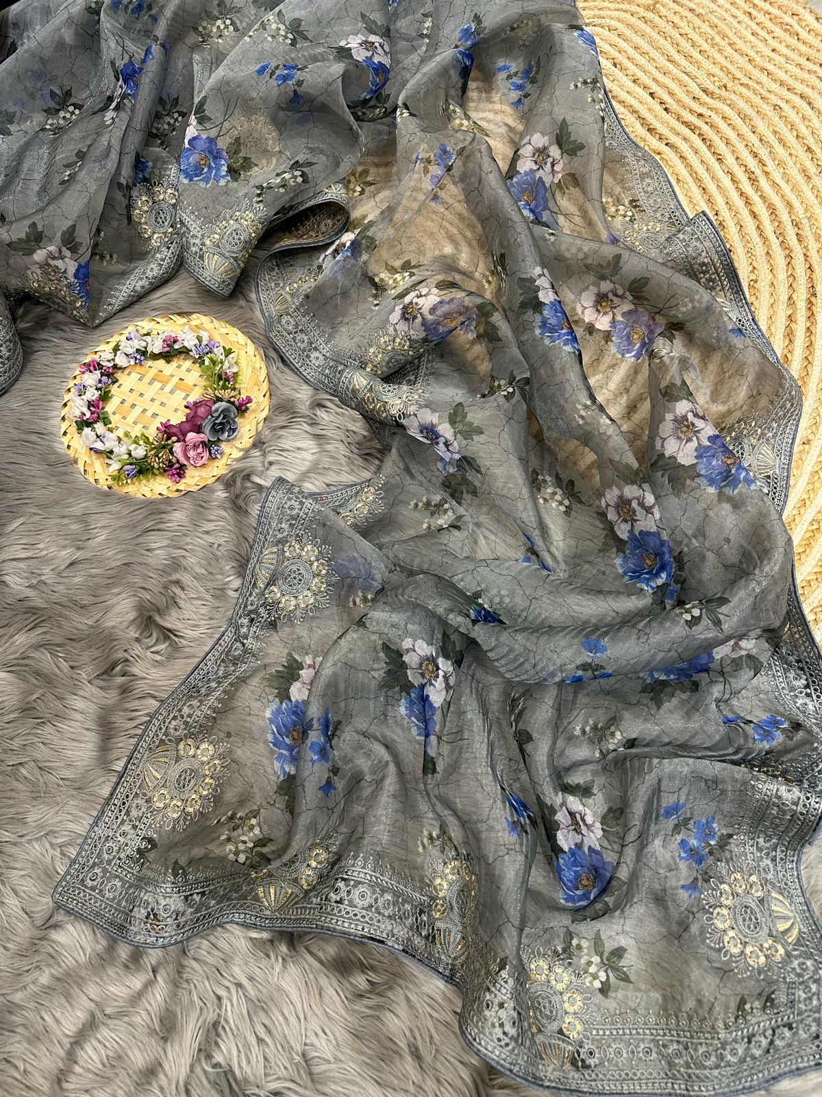 Organza Silk Saree with Digital Print and Viscos Thread Work – Banglori Silk Blouse Included