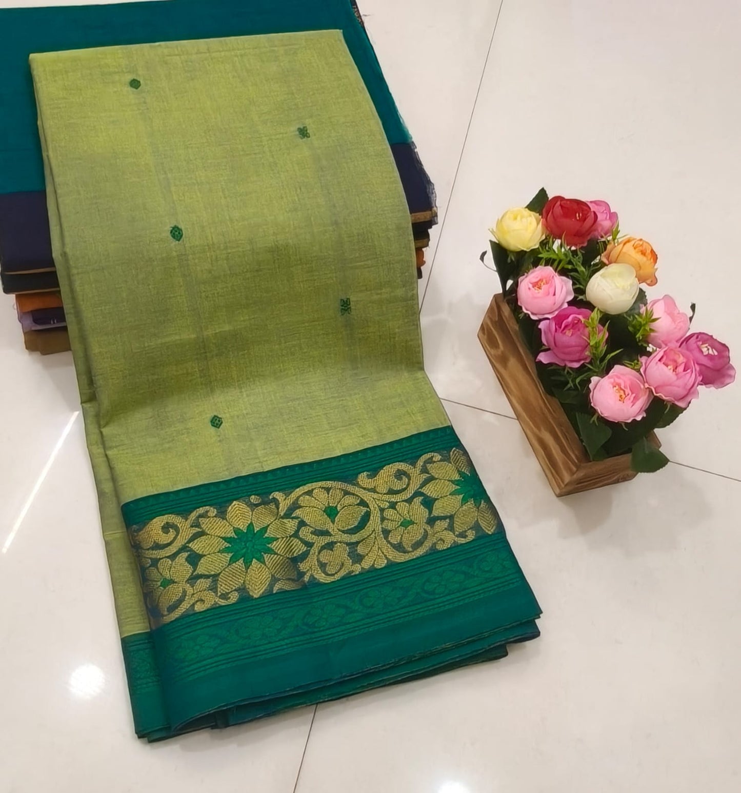 Kanchi cotton saree with all over small butti and zari thread border, 6.2m with running blouse, women’s traditional saree