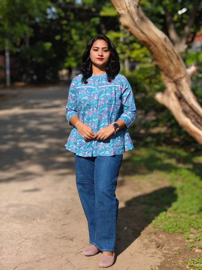 Blue Cotton Floral Print Short Top for Women – Sizes S to XL