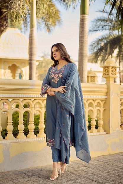 Mul Chanderi Embroidered Kurti Pant Dupatta Set for Women, V-Neck Straight Kurta with Matching Bottom and Dupatta