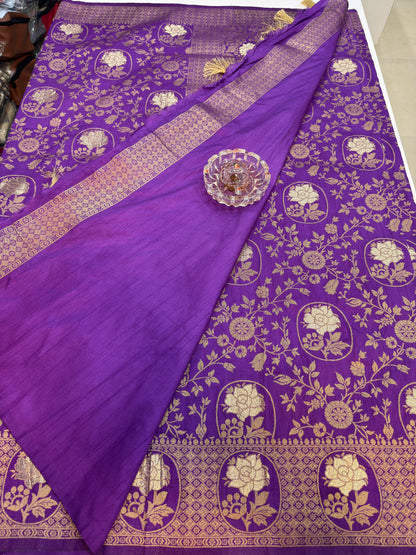 Soft Dola Silk Meenakari Woven Saree with Rich Pallu, Zari Floral Border and Tassels for Women