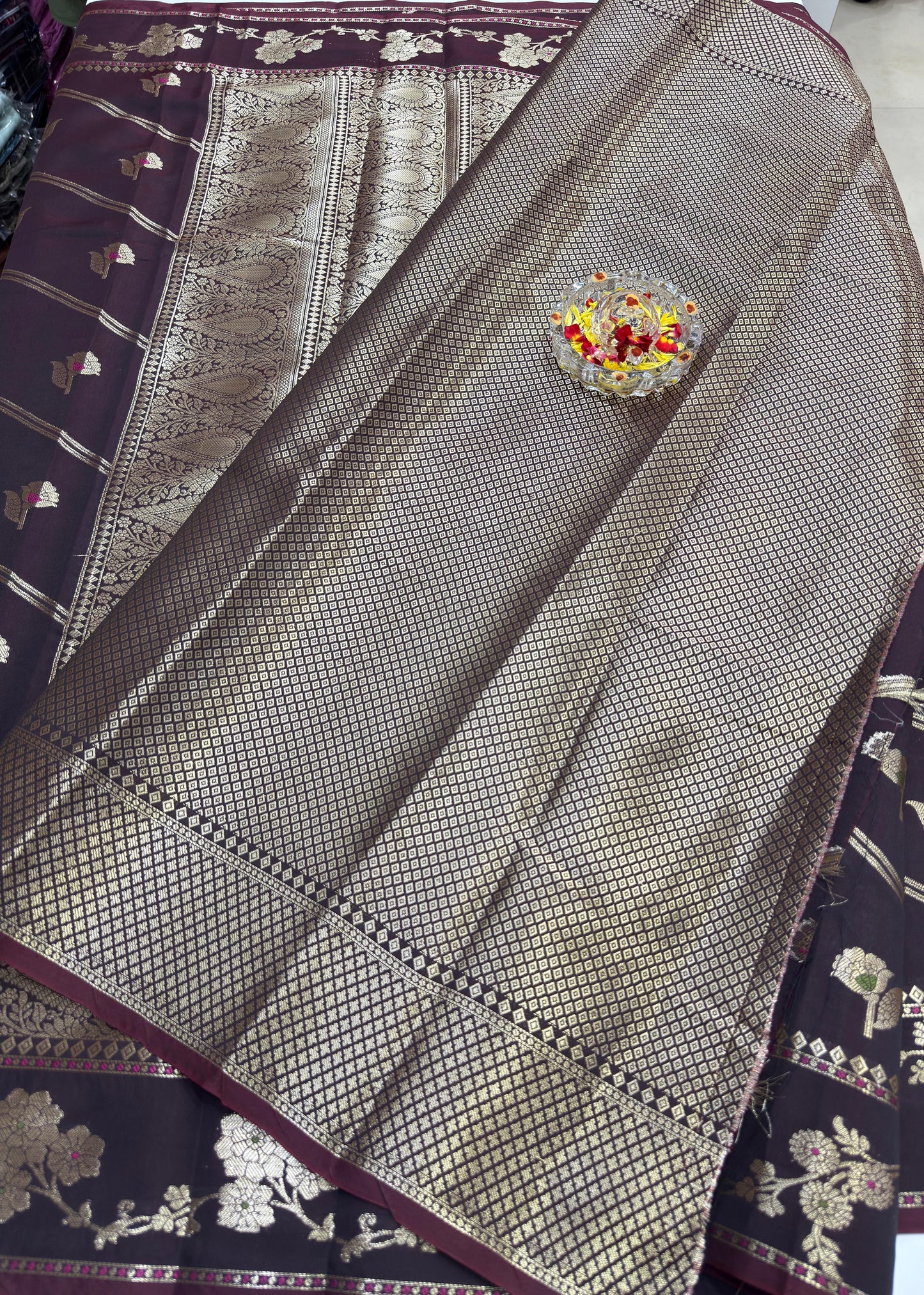 Banarasi Semi Katan Silk Saree for Women with Gold Zari Weaving, Meenakari Border and Blouse Piece