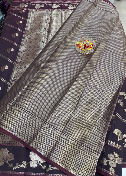 Banarasi Semi Katan Silk Saree for Women with Gold Zari Weaving, Meenakari Border and Blouse Piece