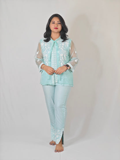 White Thread Embroidered Organza Kurta with Rayon Pant Set for Women