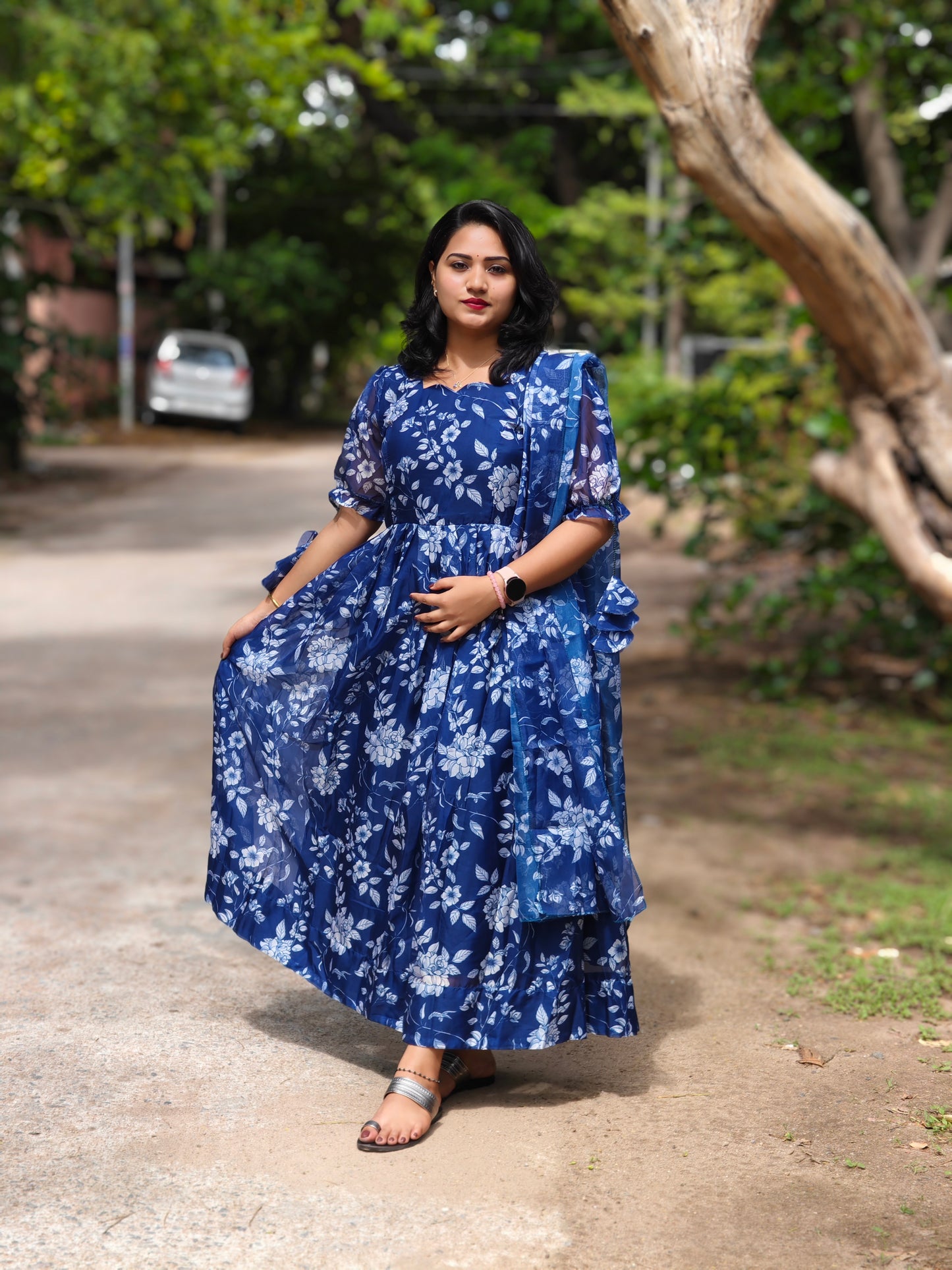 Pea Blue Organza Suit Set with Flared Kurta, Pants and Dupatta – Women’s Festive Wear