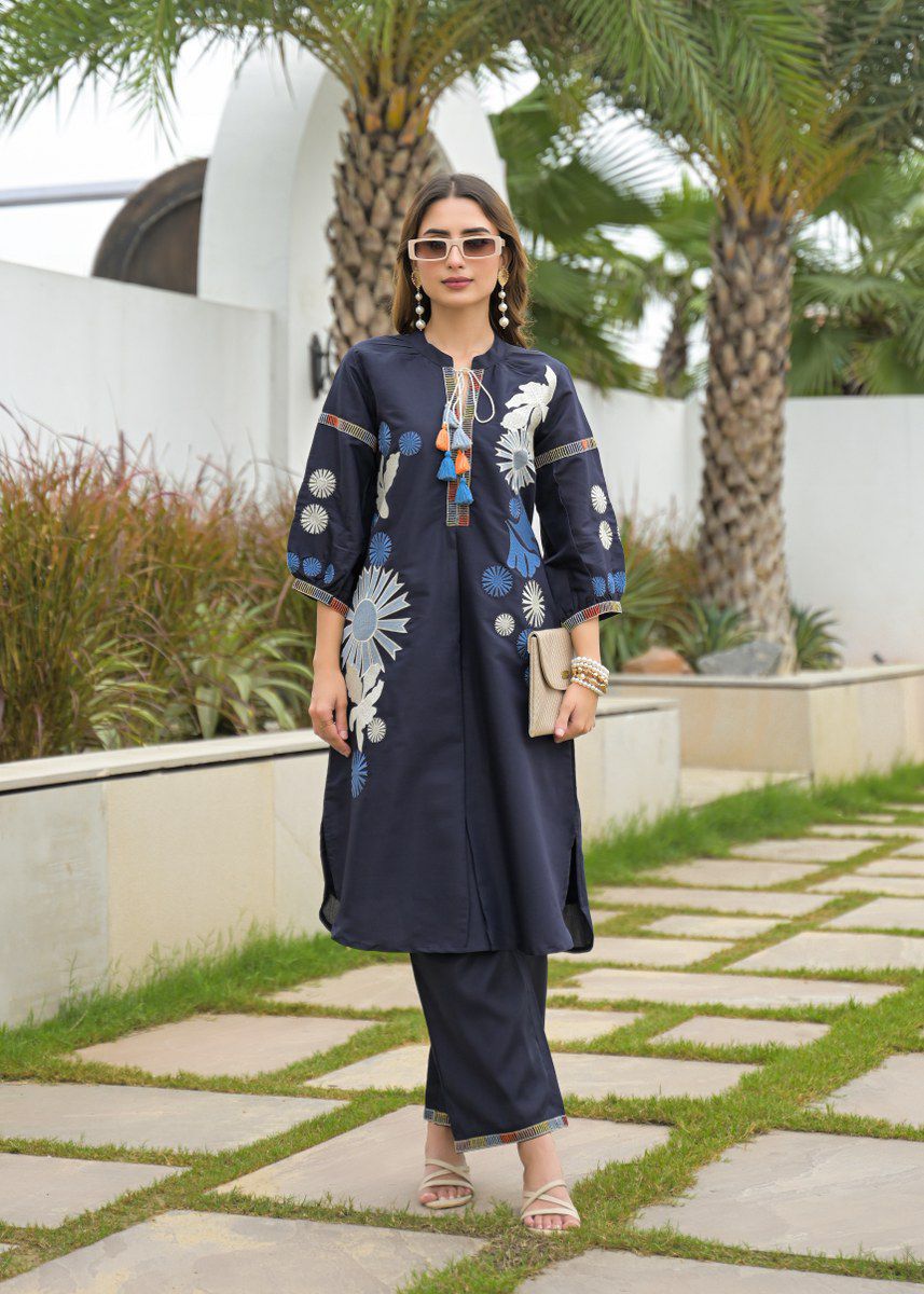 Navy Blue Roman Silk Embroidered Kurta Pant Set for Women – Elegant Two-Piece Festive and Semi-Formal Outfit