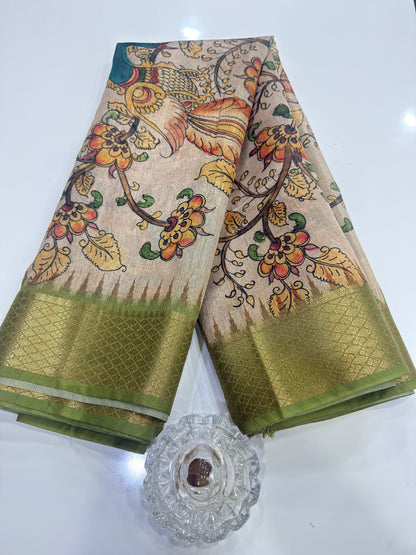 Pashmina Silk Kashmiri Printed Saree for Women Kalamkari Bird Floral Design with Zari Border Ethnic Saree