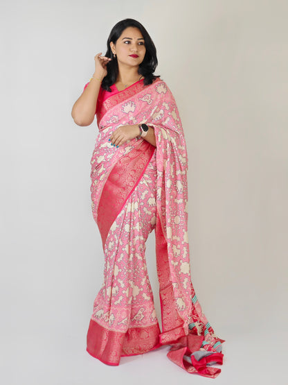 Premium Crepe Silk Printed Saree with Weaving Viscose Border and Running Blouse