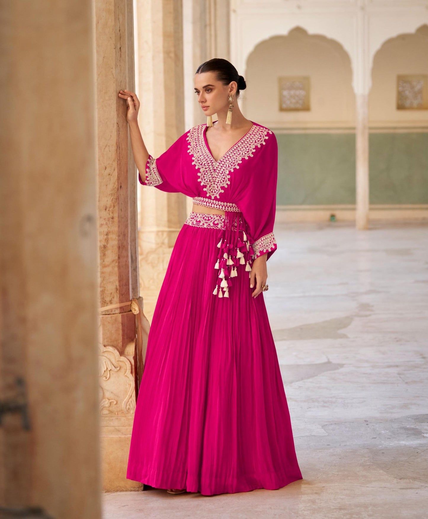 Real chinon embroidered lehenga set for women in rani pink with handwork & cancan