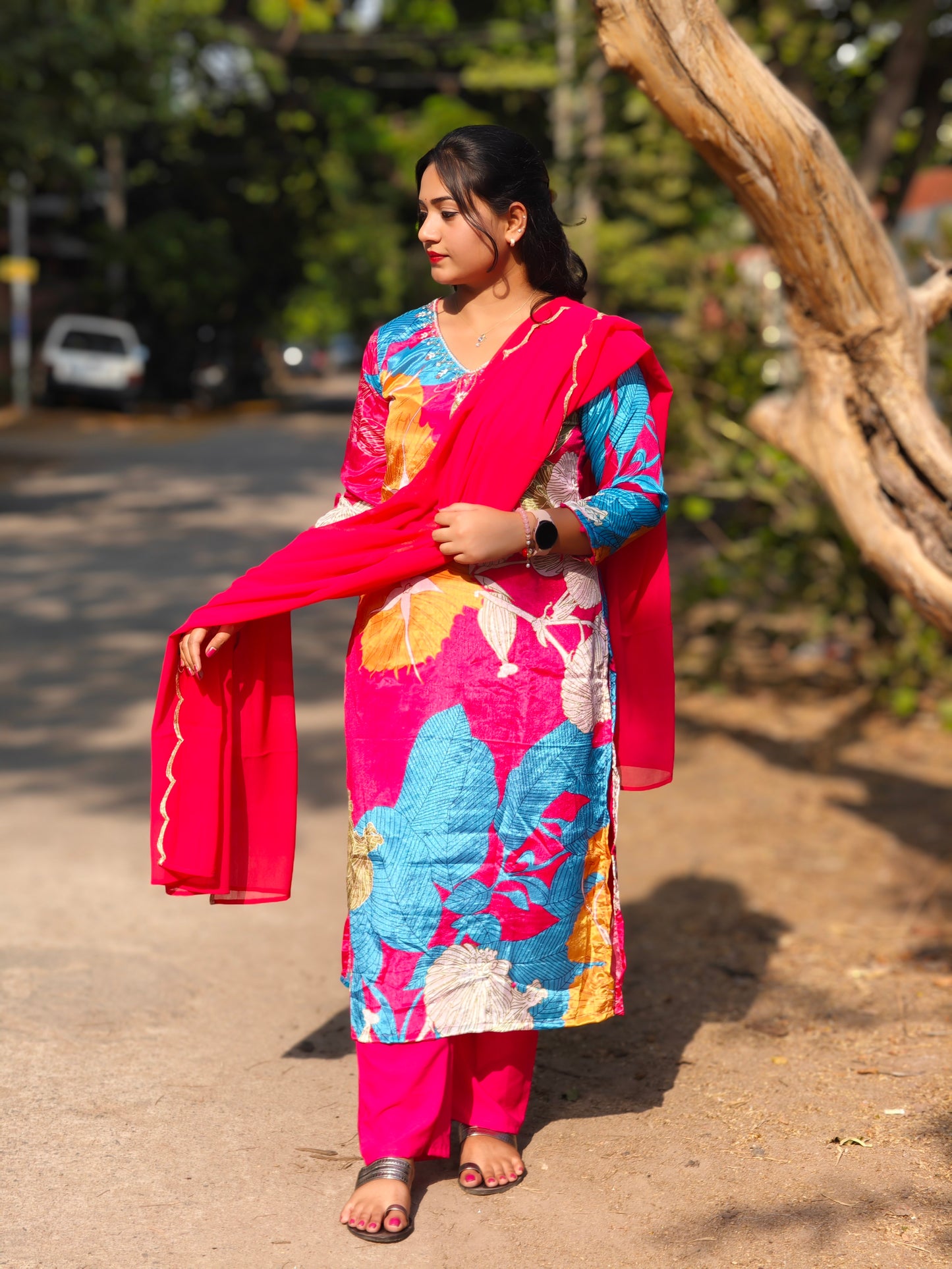 Pink Chinnon Alia Cut Kurta with Pant and Dupatta – Women’s Festive Suit Set (M to 2XL)