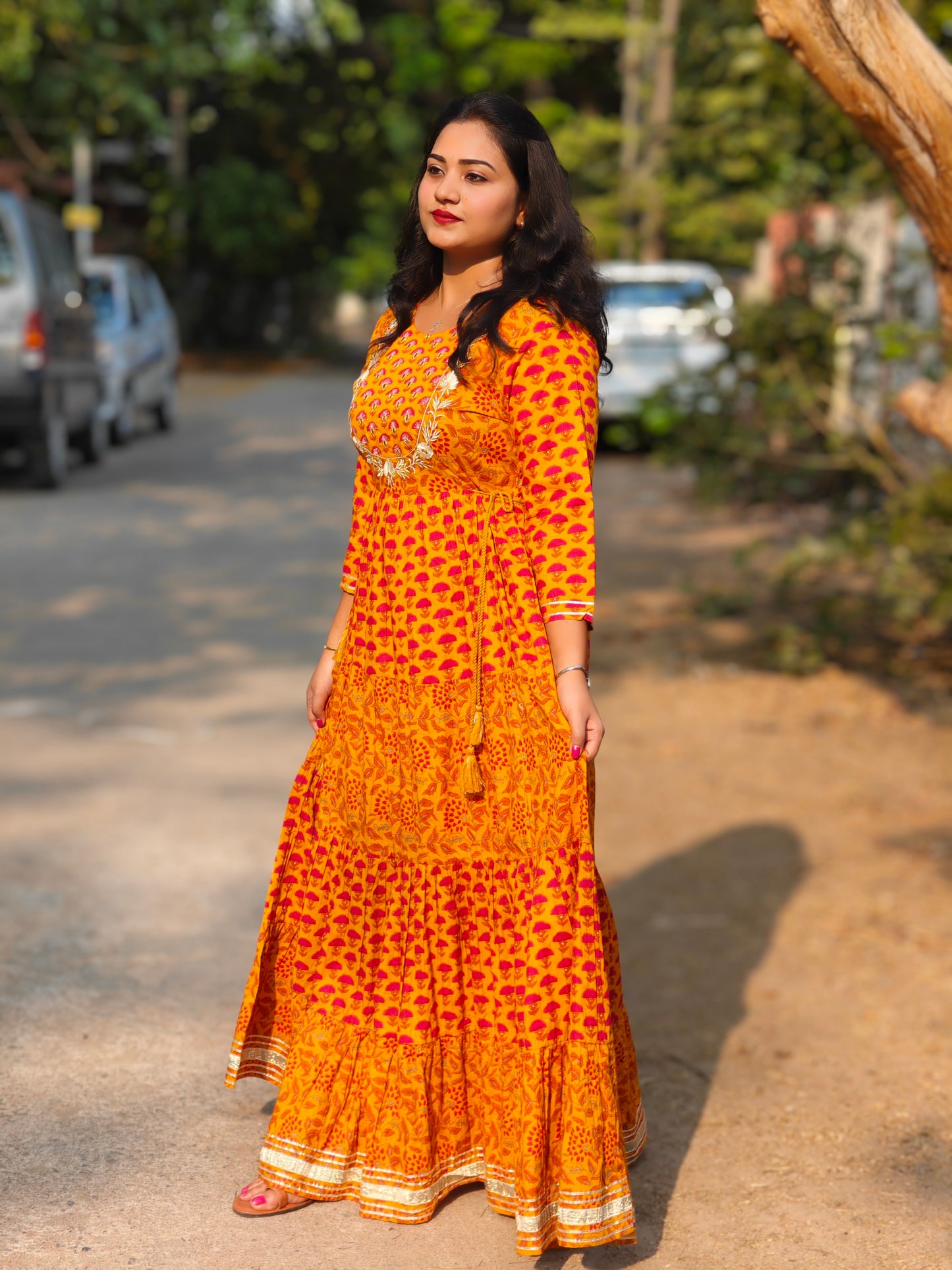 Women’s Cotton Floral Print Flared Maxi Dress with Embroidered Yoke – Sizes M to 2XL