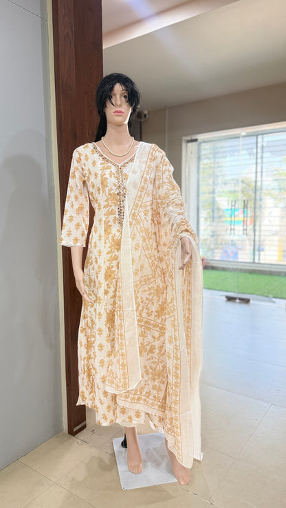 Mul cotton anarkali kurta pant dupatta set for women with lining, printed ethnic 3 piece set, sizes 38 to 44
