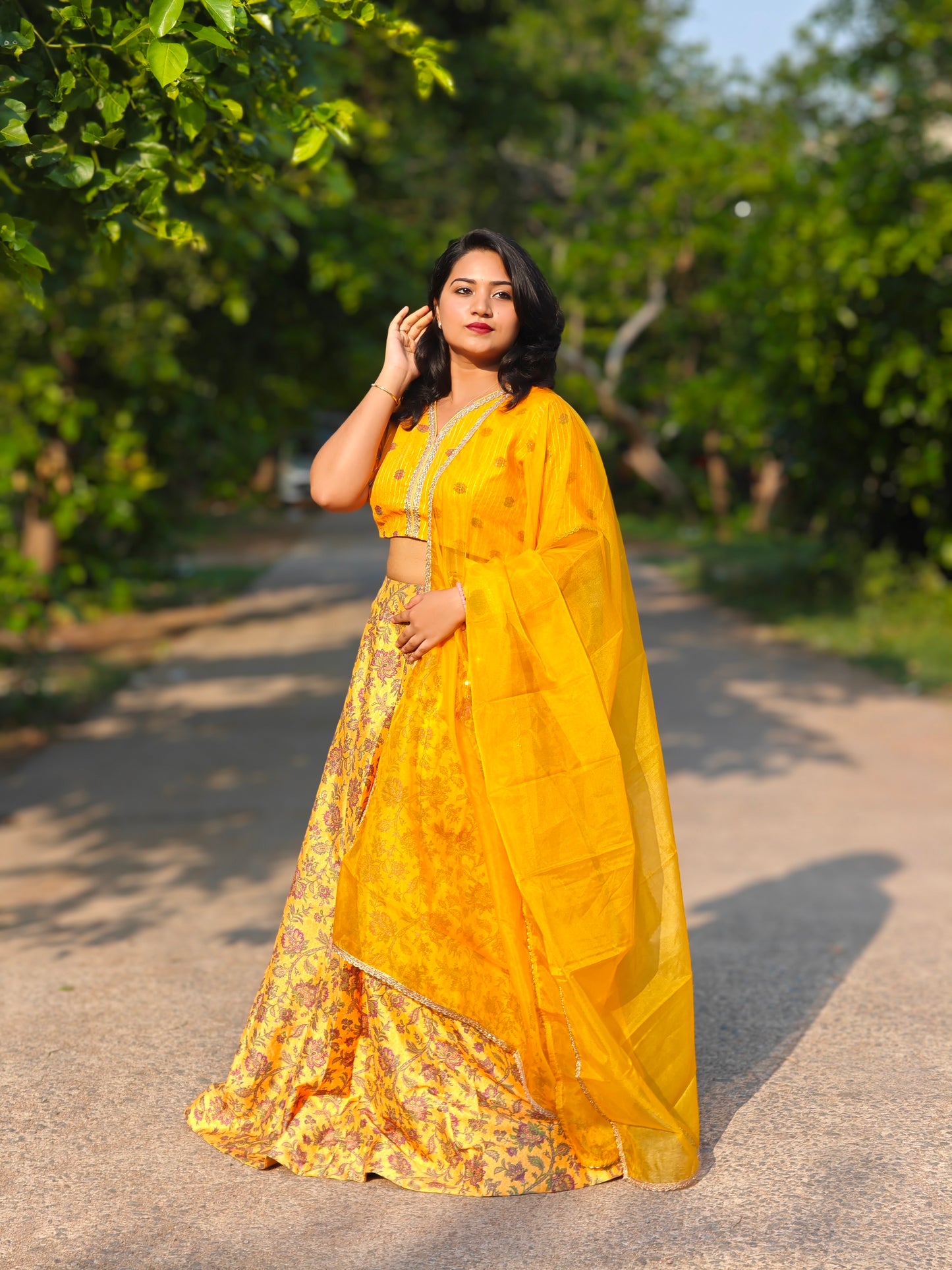 Mustard Crepe Silk Floral Printed Lehenga Choli with Dupatta for Women – Sizes S to 3XL