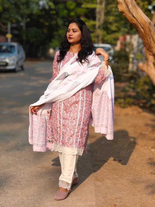A-line cotton kurti pant dupatta set for women with lace detailing and printed design – summer festive wear