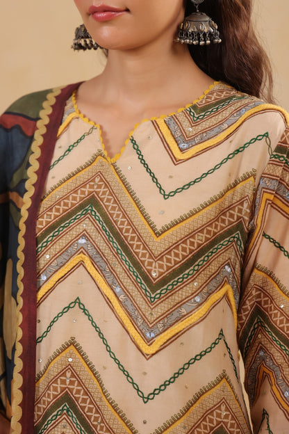 Mul Chanderi Kurti Pant Dupatta Set with Dori and Sequin Handwork for Women