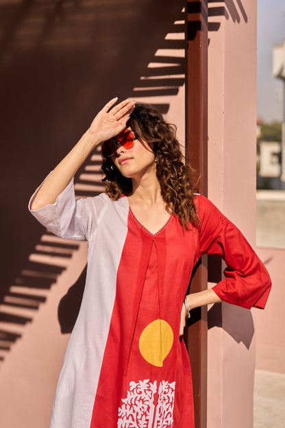 Cotton Flex Kurti Pant Set for Women, Red Printed Straight Kurti with Pant, M to XXL