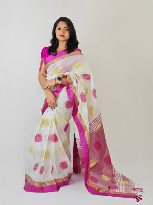 Matka Tussar Silk Saree with Golden Zari Weaving and Velvet Border