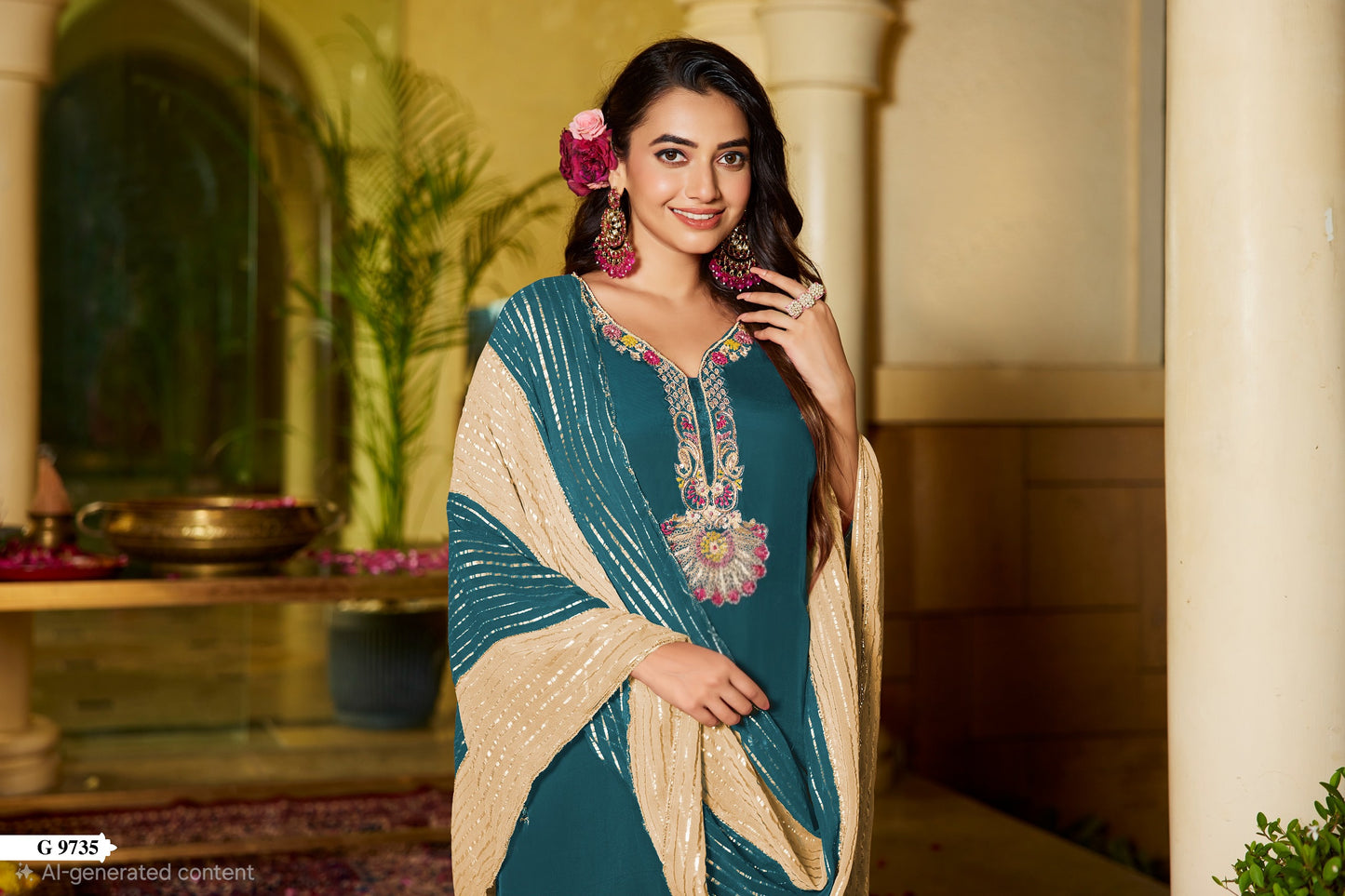 Pure natural crepe kurti pant dupatta set with chiffon lurex dupatta and handwork for women