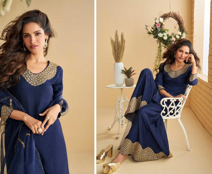Royal Blue Real Silk Embroidered Kurta Sharara Dupatta Set for Women – Festive and Party Wear Designer Outfit (XL)