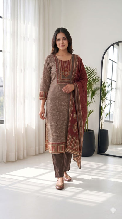 Pure Muslin Kurta Pant Dupatta Set for Women with Kantha Work, Printed Straight Cut Suit Set with Lining