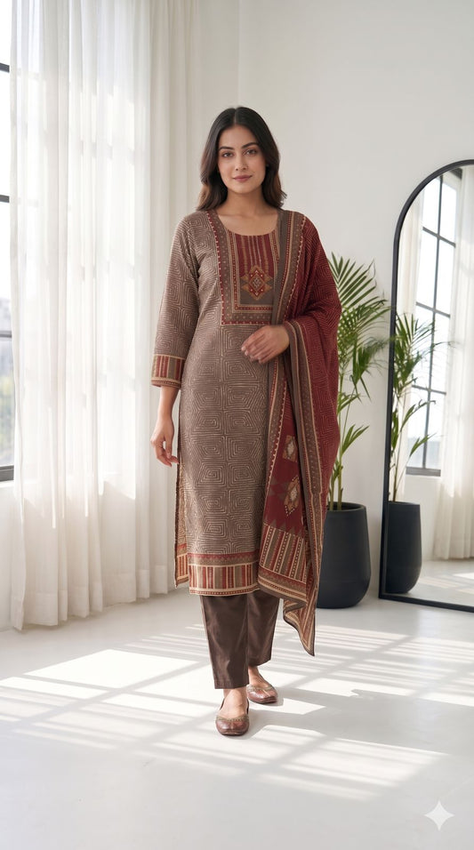 Pure Muslin Kurta Pant Dupatta Set for Women with Kantha Work, Printed Straight Cut Suit Set with Lining