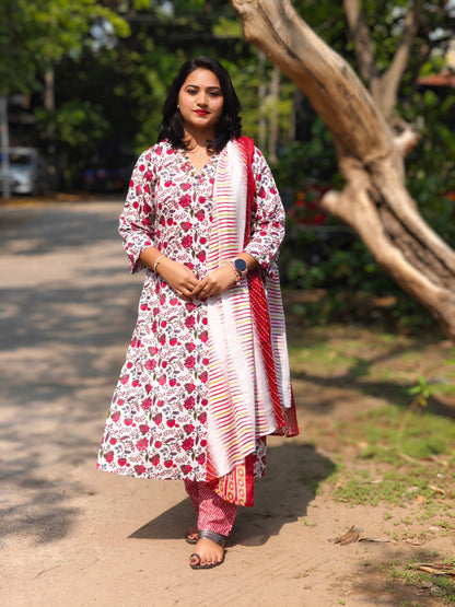 Cotton Kurti Pant Dupatta Set with Handwork and Mirror Detailing for Women