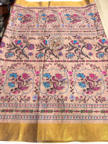 Soft Tussar Silk Printed Saree with Contrast Border, Tassels and Blouse for Women