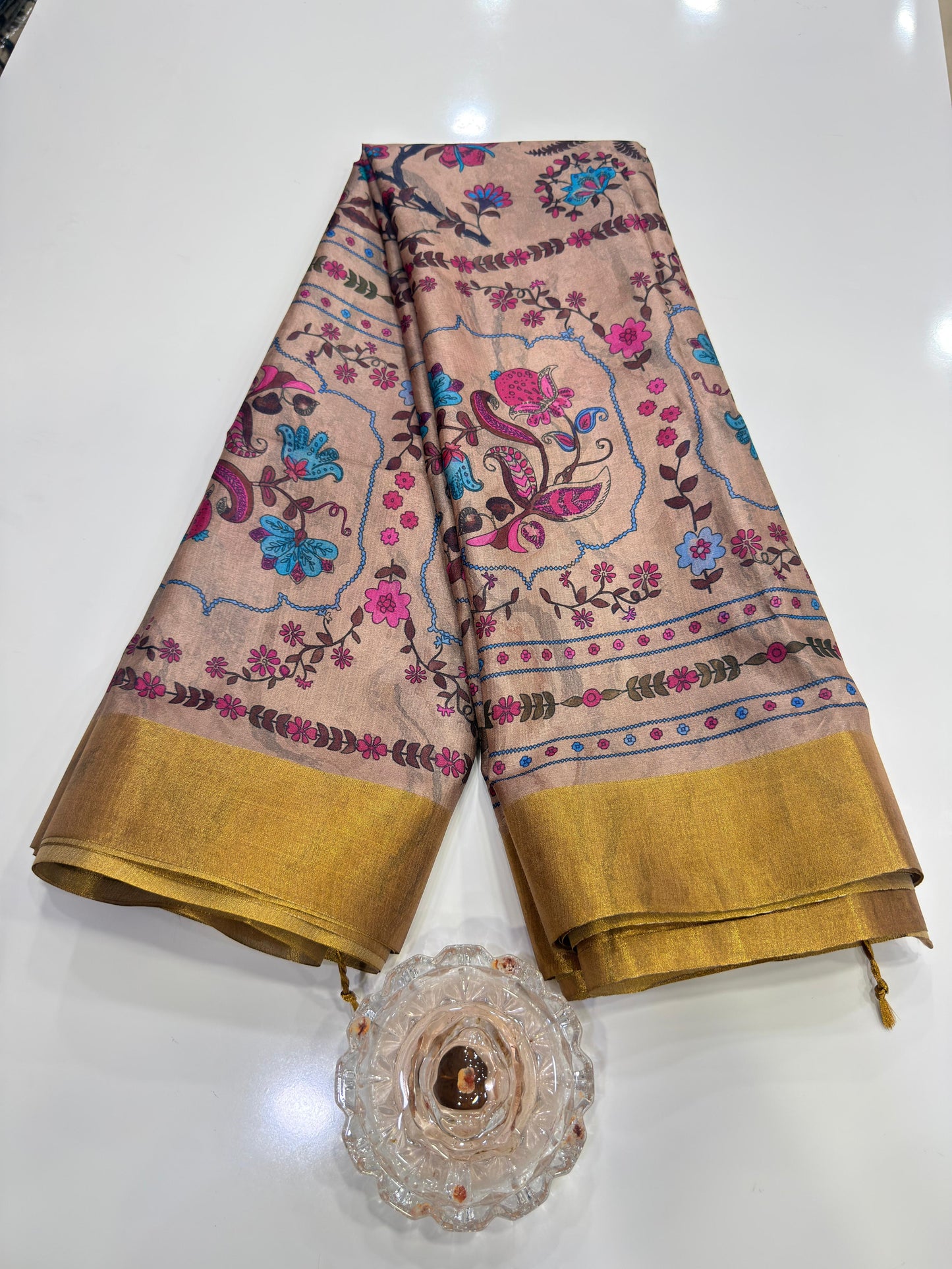Soft Tussar Silk Printed Saree with Contrast Border, Tassels and Blouse for Women