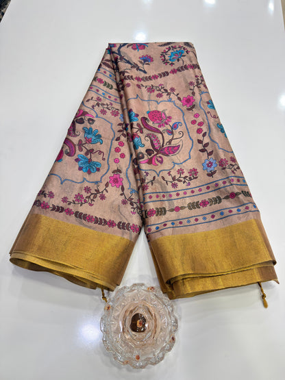 Soft Tussar Silk Printed Saree with Contrast Border, Tassels and Blouse for Women